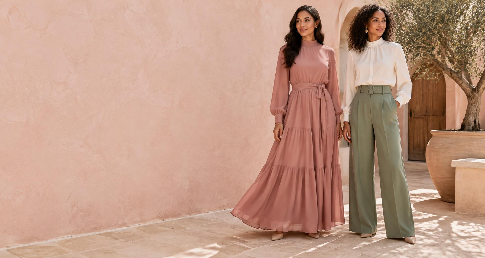 Coleção Divas Modesta: vestido rosé e alfaiataria em sálvia em um jardim ensolarado